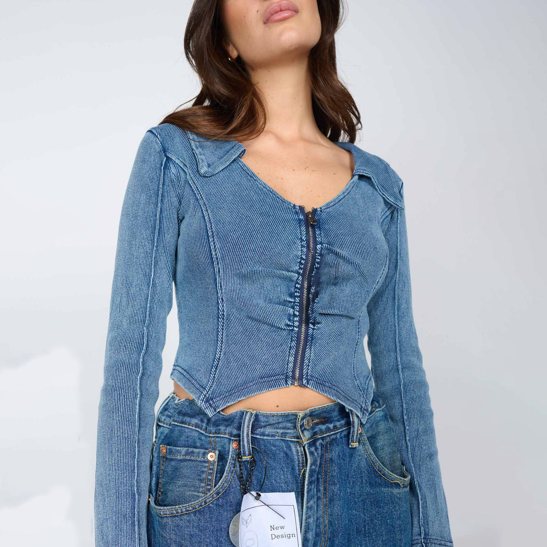 Fitted denim jacket for women with zipper Amarae