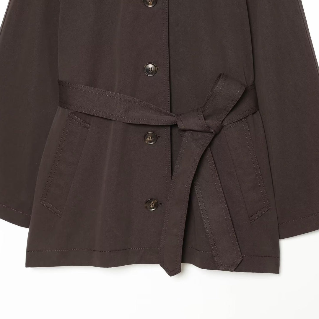 Women Short Trench Cape with Waist Belt, Epaulettes and Patch Pockets Amarae