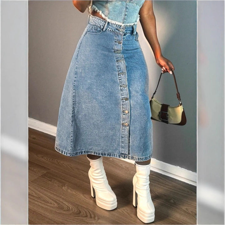 Women A-line denim mid-skirt with high-waisted waistband and continuous button placket Amarae