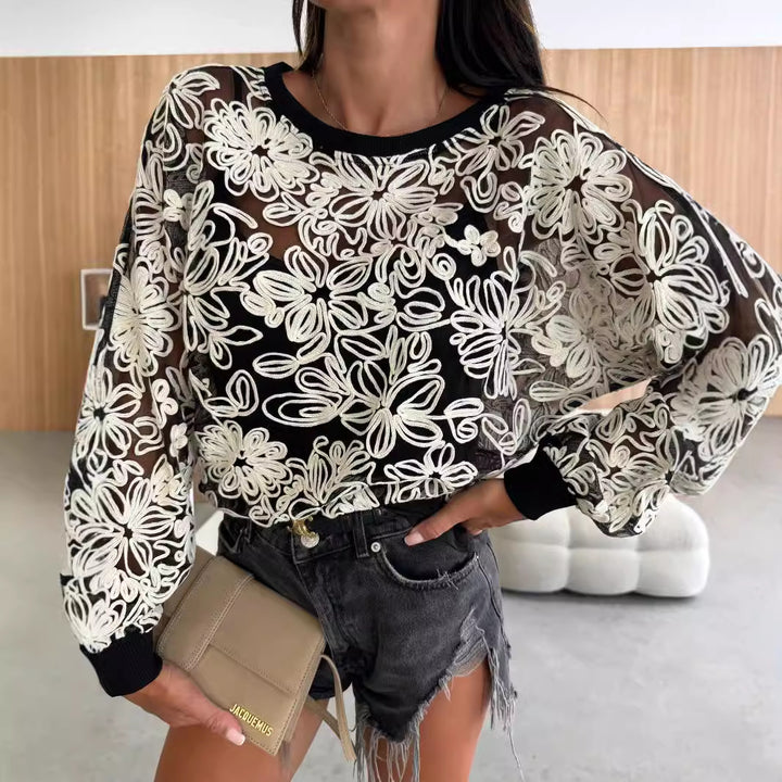 Embroidered blouse for women with transparent sleeves Lune London