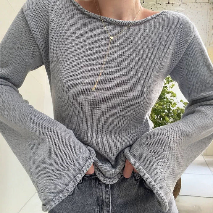 Women's chunky knit pullover with wide boat neck & extra wide trumpet sleeves Amarae