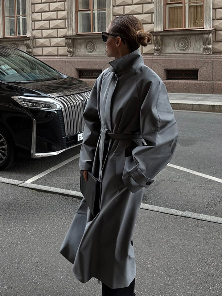 Women's Oversize Trench Coat with High Stand-Up Collar, Tie Belt and Hidden Button Placket Amarae