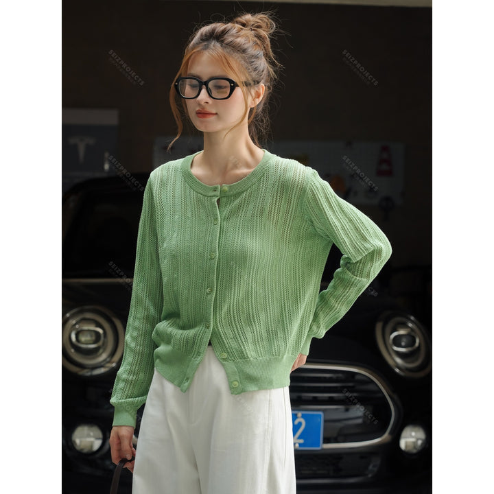 Women Lightweight Openwork Knit Cardigan with Button Placket and Ribbed Hem