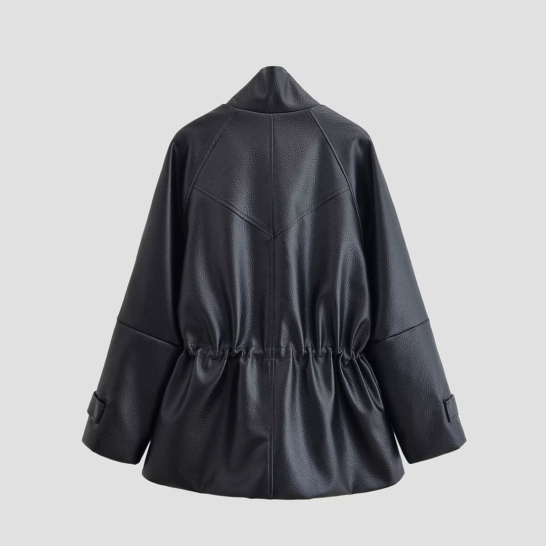 Women's Oversize Faux Leather Jacket with Stand-Up Collar, Drawstring Waist and Patch Pockets Amarae