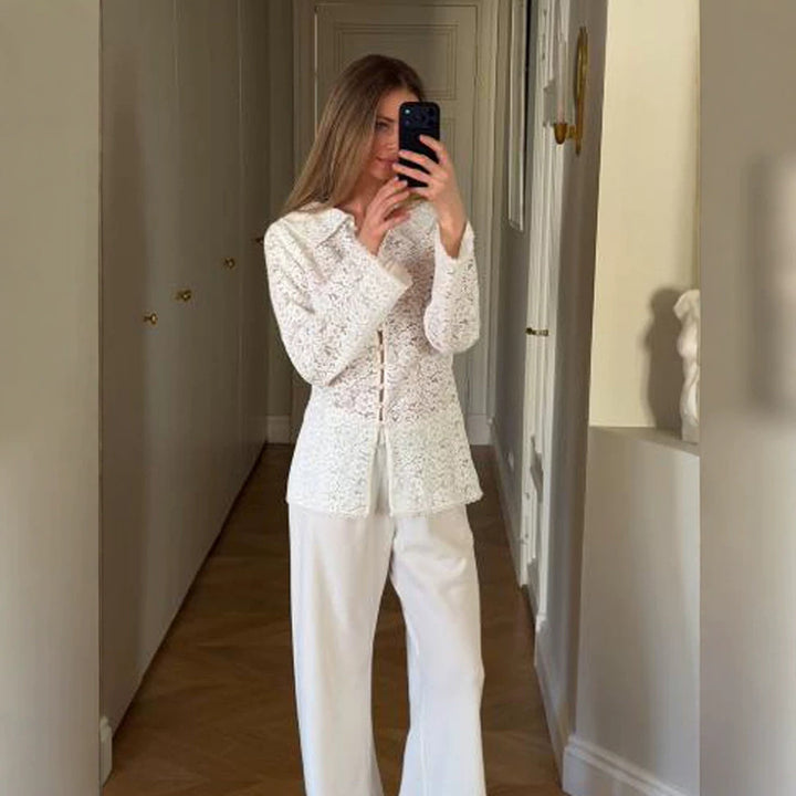 Women's lace blouse with floral lace, shirt collar and fabric ball button placket Amarae