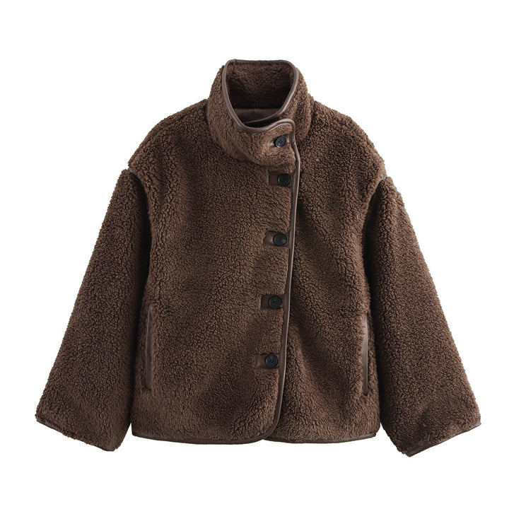 Ladies cozy fleece jacket with high collar and decorative button details Amarae