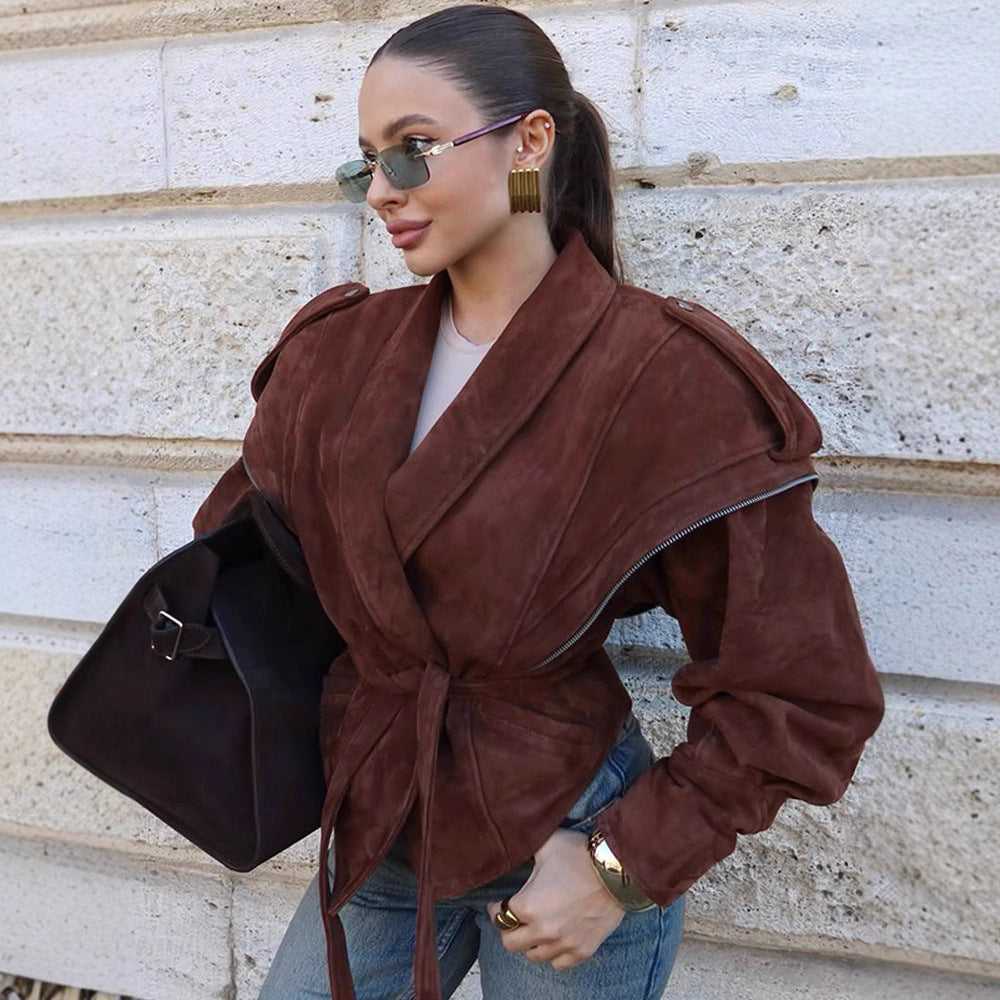 Women's Suede Wrap Jacket with Wide Shawl Collar and Waist Belt Amarae