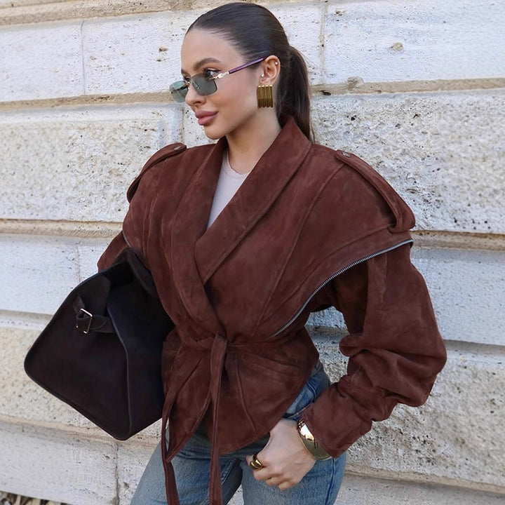 Women's Suede Wrap Jacket with Wide Shawl Collar and Waist Belt Amarae