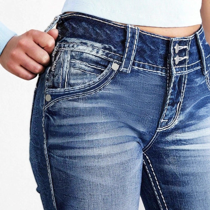 Women's high-waisted bootcut jeans with shaping waistband and visible button placket Amarae