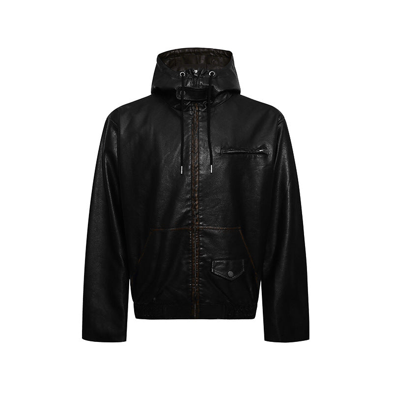 Men's Hooded Leather Jacket in Utility Style with Zipper and Kangaroo Pocket Amarae