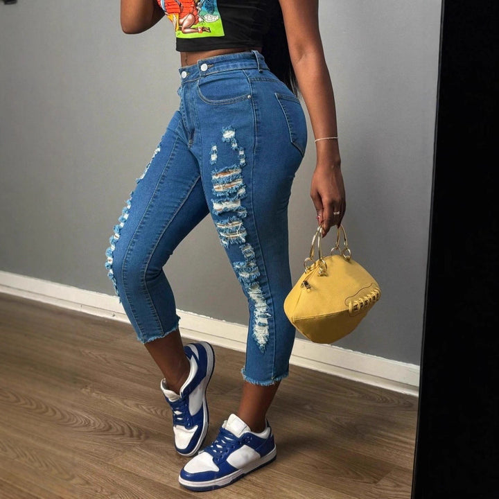 Women's high-cut ankle-length skinny jeans with generous rip details and raw hem Amarae