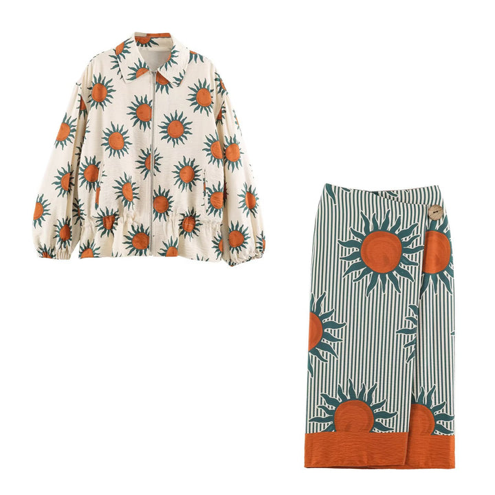 Women's Oversized Lightweight Cotton Jacket with Zipper, All-Over Sun Print and Drawstring Waist