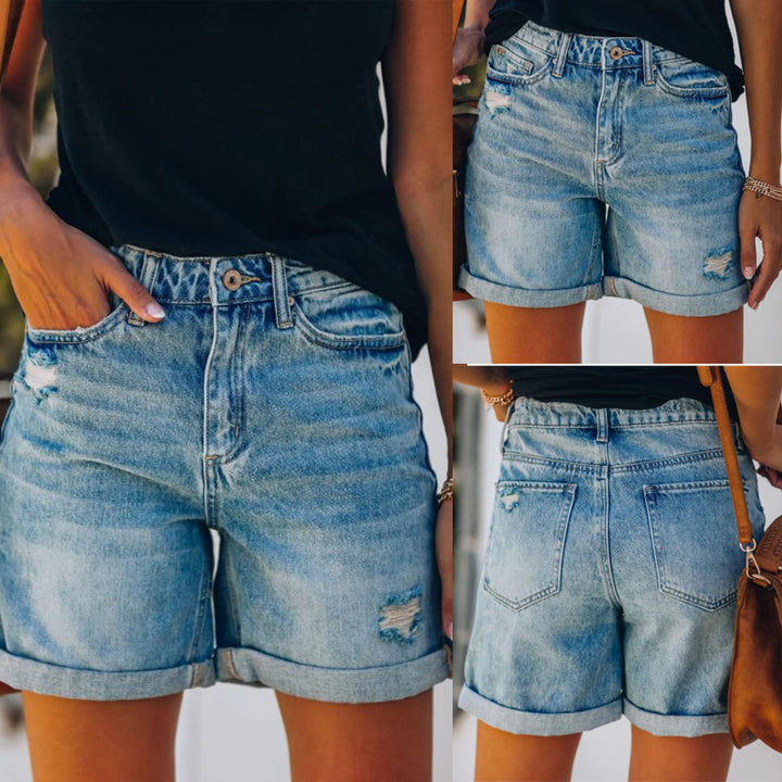 Casual denim shorts for women with rolled hem and distressed details Lune London