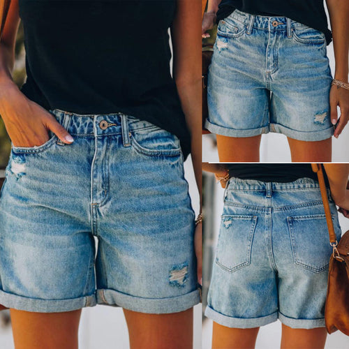 Casual denim shorts for women with rolled hem and distressed details Amarae