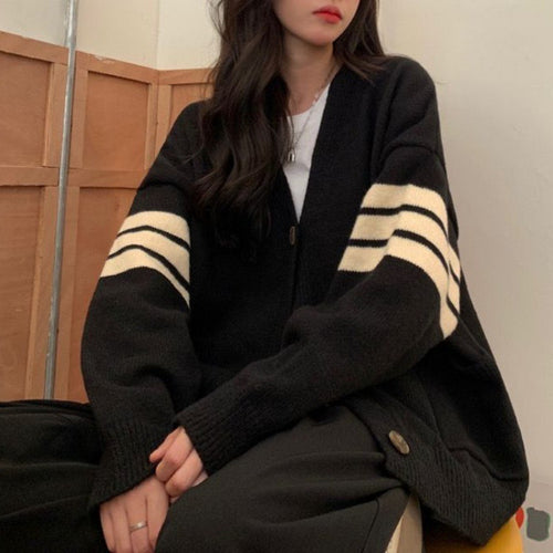 Cardigan tricoté pour femme avec poches décontractées et rayures contrastantes Chic & Stil