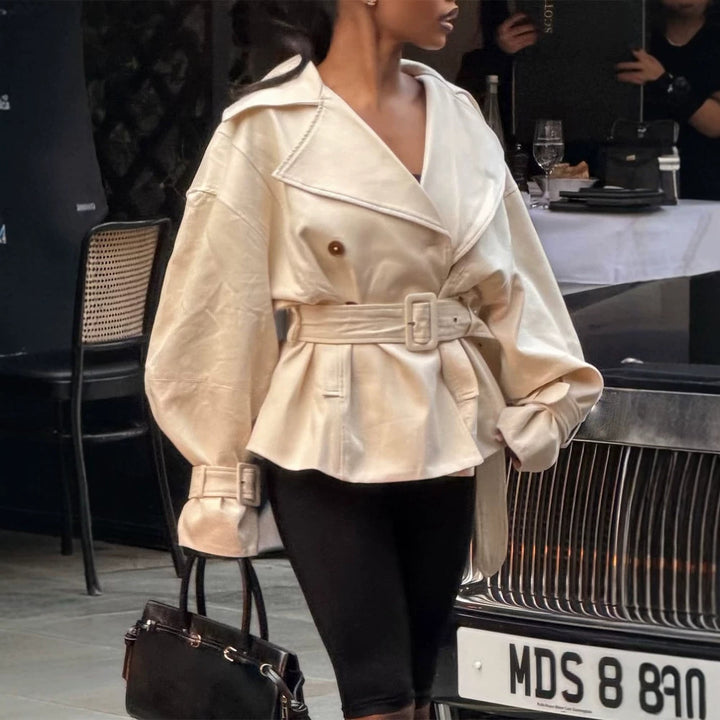 Ladies short trench coat with tailored belt, wide lapels and boxy silhouette Amarae