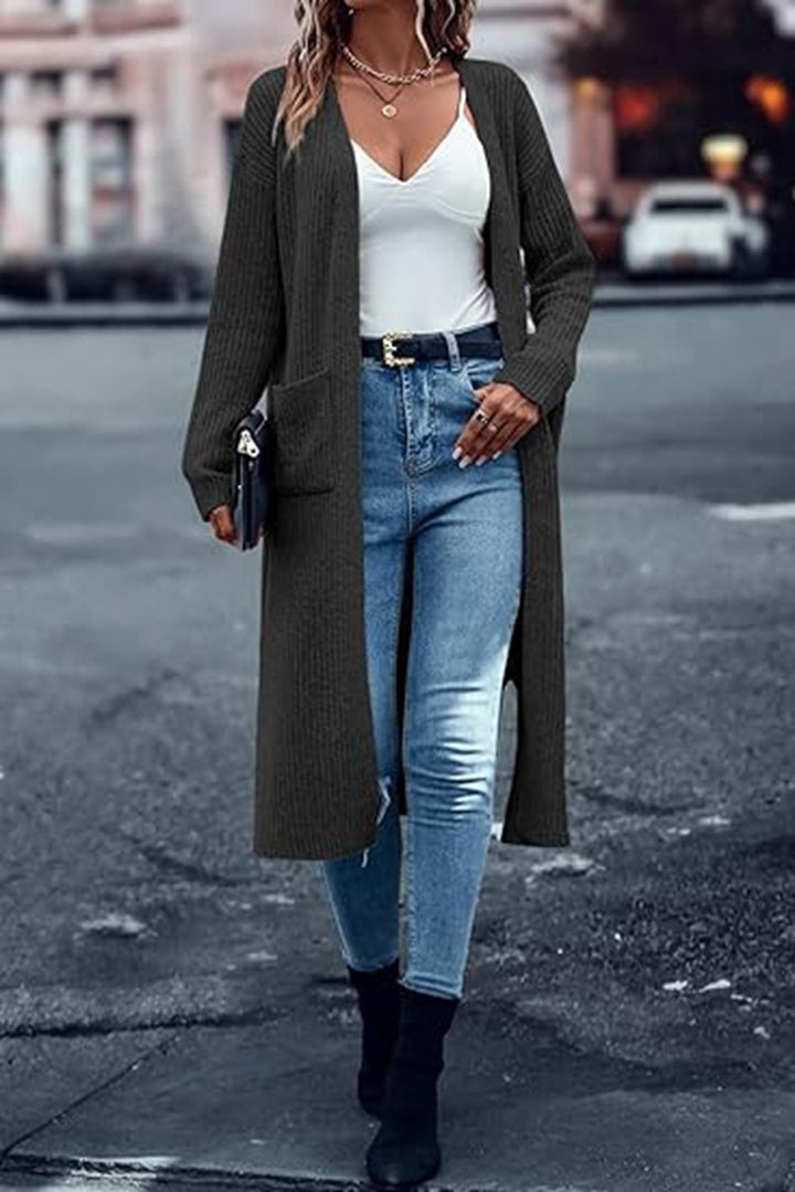 Long knit coat for women with structured design and practical pockets Lune London