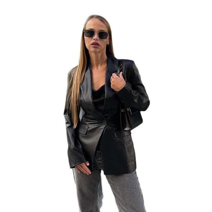 Women's Tailored Long Blazer in Leather Look with Shoulder Pads and Flap Pockets Amarae