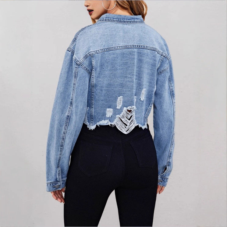Ladies short denim jacket with pearl embellishments, fringed hem, and wide-cut sleeves Amarae