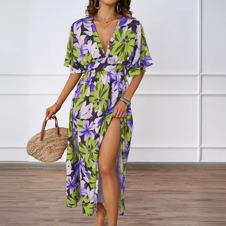 Maxi floral dress for women with deep V-neck and side slits Lune London
