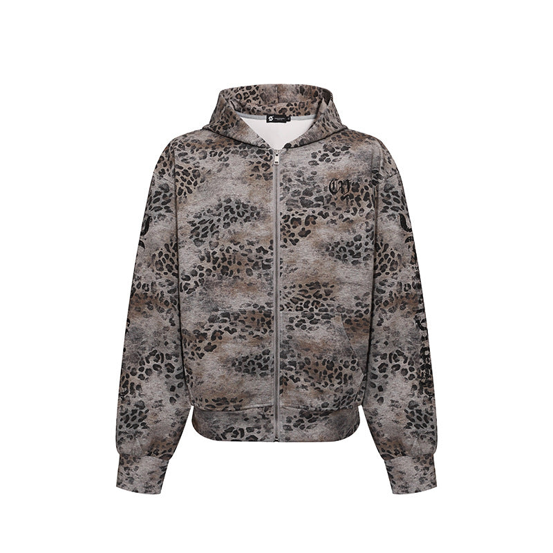 Women's hooded sweatshirt jacket with full zip and allover leopard print Amarae