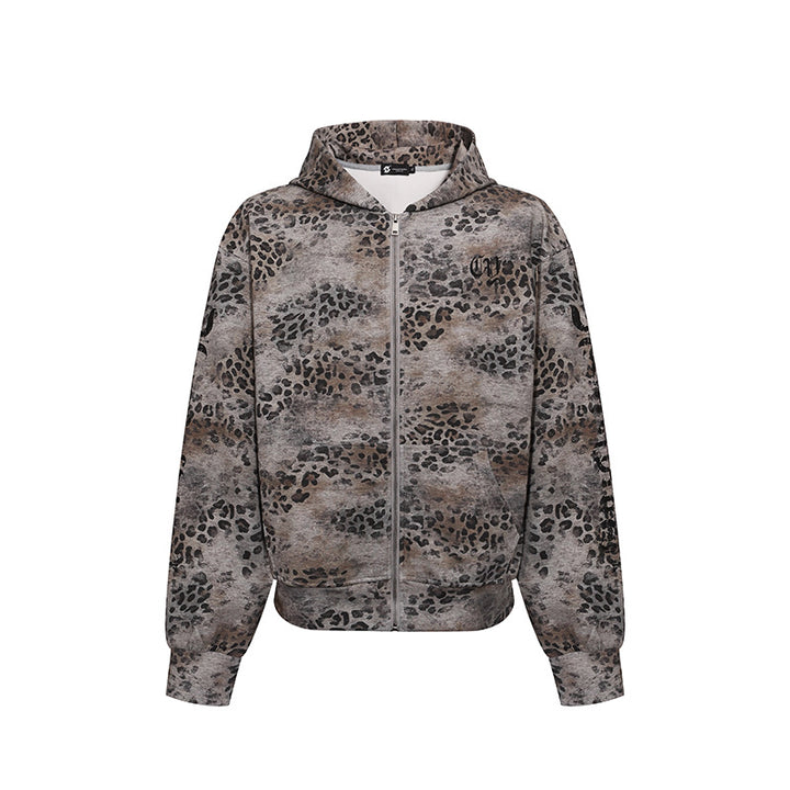 Women's hooded sweatshirt jacket with full zip and allover leopard print Amarae