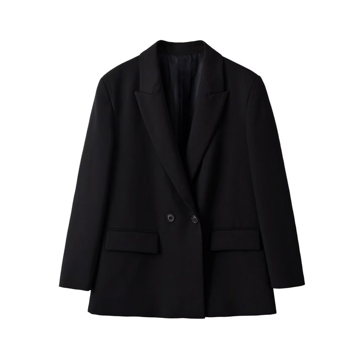Women's Double Breasted Long Blazer with Lapel Collar, Tailored Fit and Patch Pockets