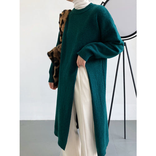 Women Long Knit Sweater with Loose Fit and Side Slits Chic & Stil