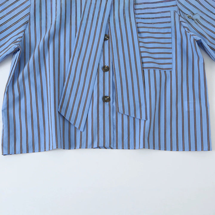 Women Striped Bow Blouse with Chest Pocket and Continuous Button Placket Amarae
