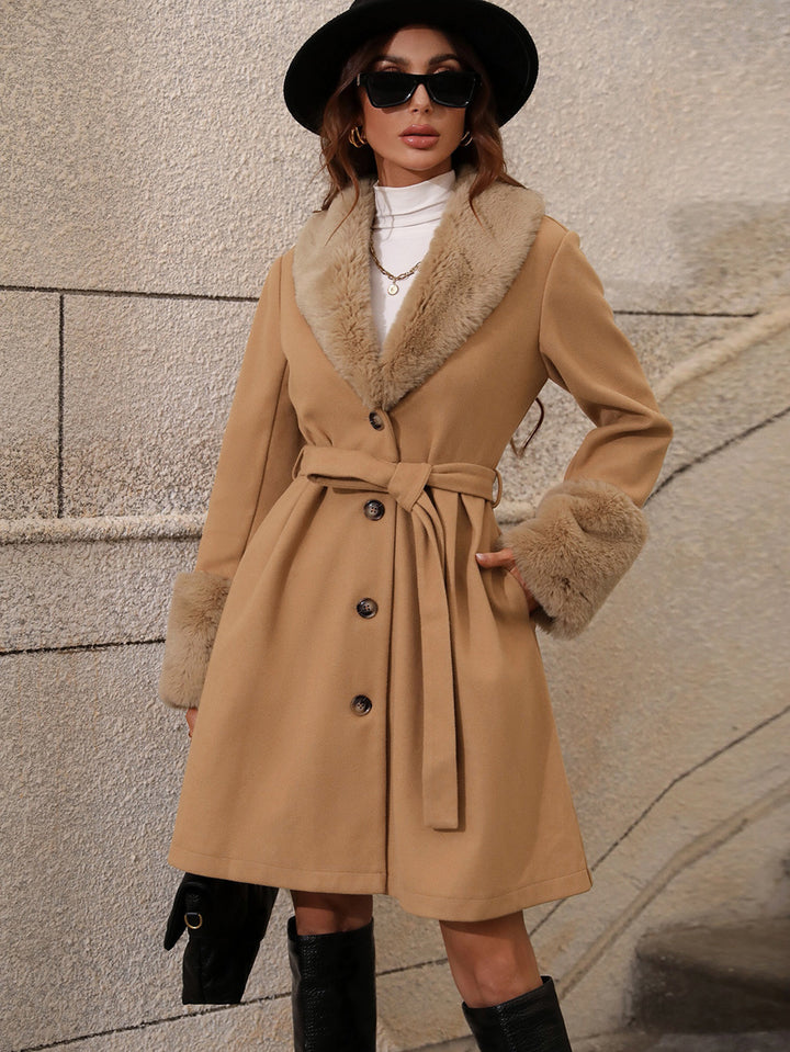 Ladies Elegant Transition Jacket with Soft Collar and Chic Tie Belt