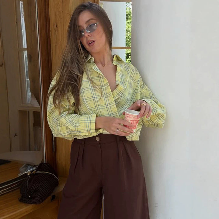 Women's Oversize checkered linen look blouse with shirt collar, full button placket & casual silhouette Amarae