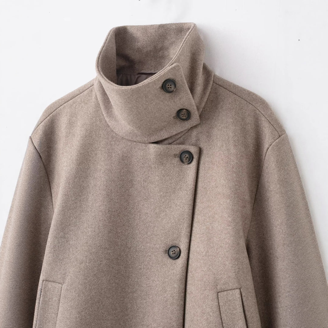 Women's Cropped Wool Blend Short Jacket with High Stand Collar, Asymmetric Button Placket and Cuffed Sleeves Amarae