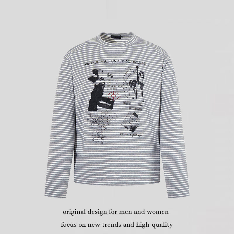 Men's Striped Long Sleeve in Relaxed Fit with Vintage Graphic Print Amarae