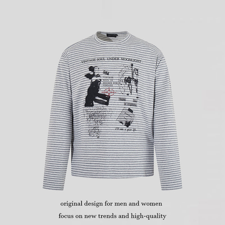 Men's Striped Long Sleeve in Relaxed Fit with Vintage Graphic Print Amarae