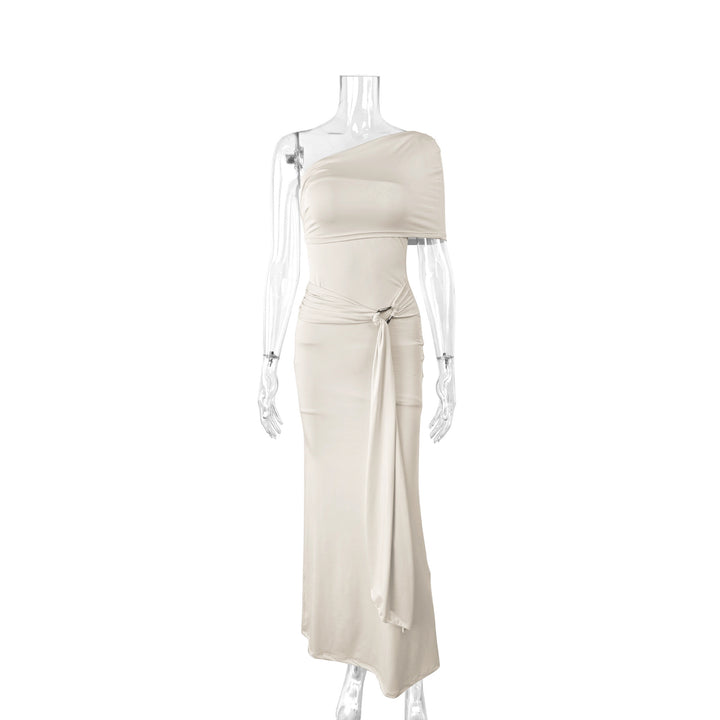 Ladies Elegant One-Shoulder Maxi Dress with figure-hugging cut and playful tie band Lune London