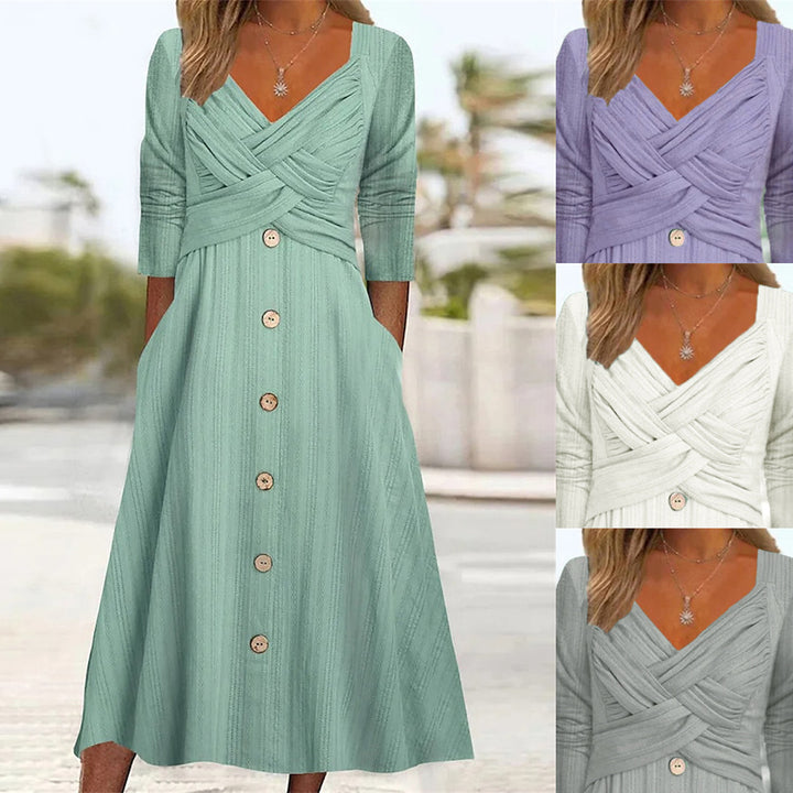 Women's button-down midi dress with elegant and stylish crossover top