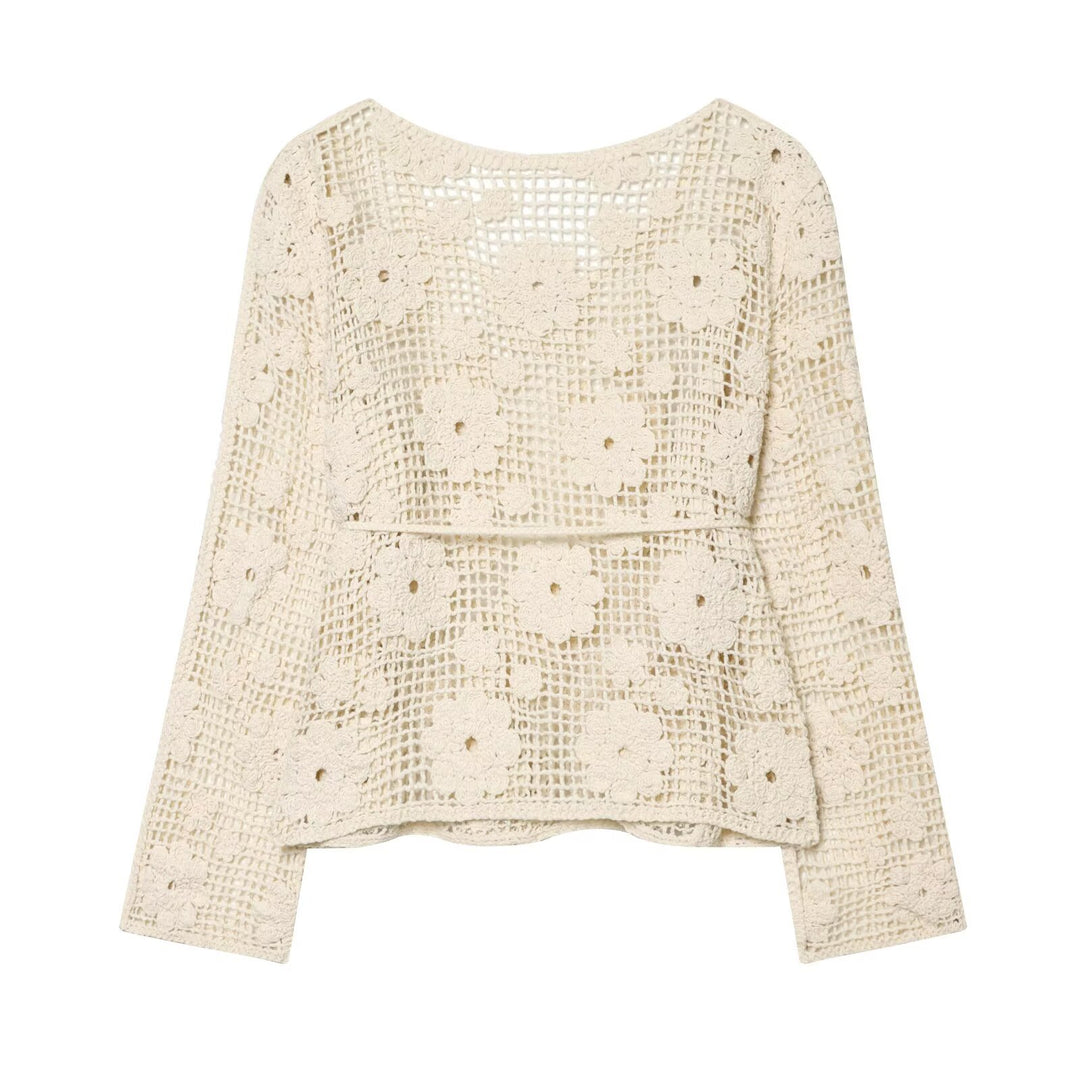 Women's crochet sweater with flower appliqués and drawstring Amarae