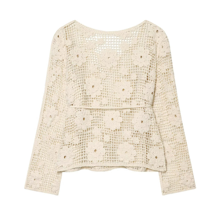Women's crochet sweater with flower appliqués and drawstring Amarae