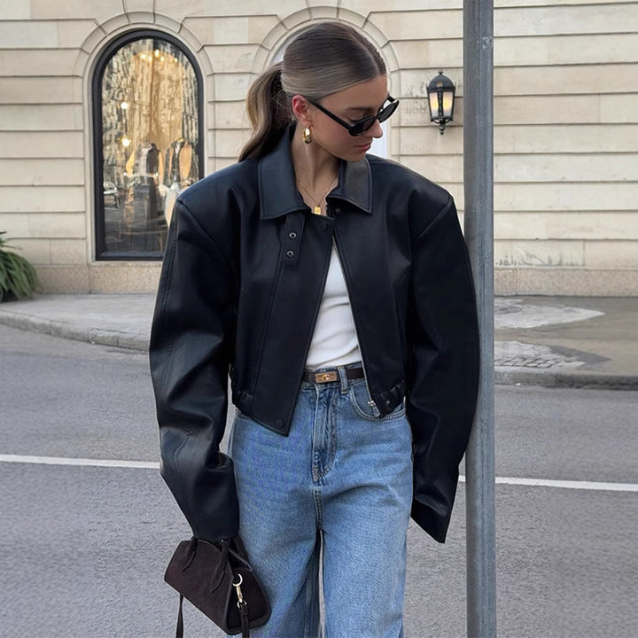 Women's Cropped Oversized Leather Jacket with Shirt Collar, Cropped Silhouette and Extra-Wide Sleeves Amarae