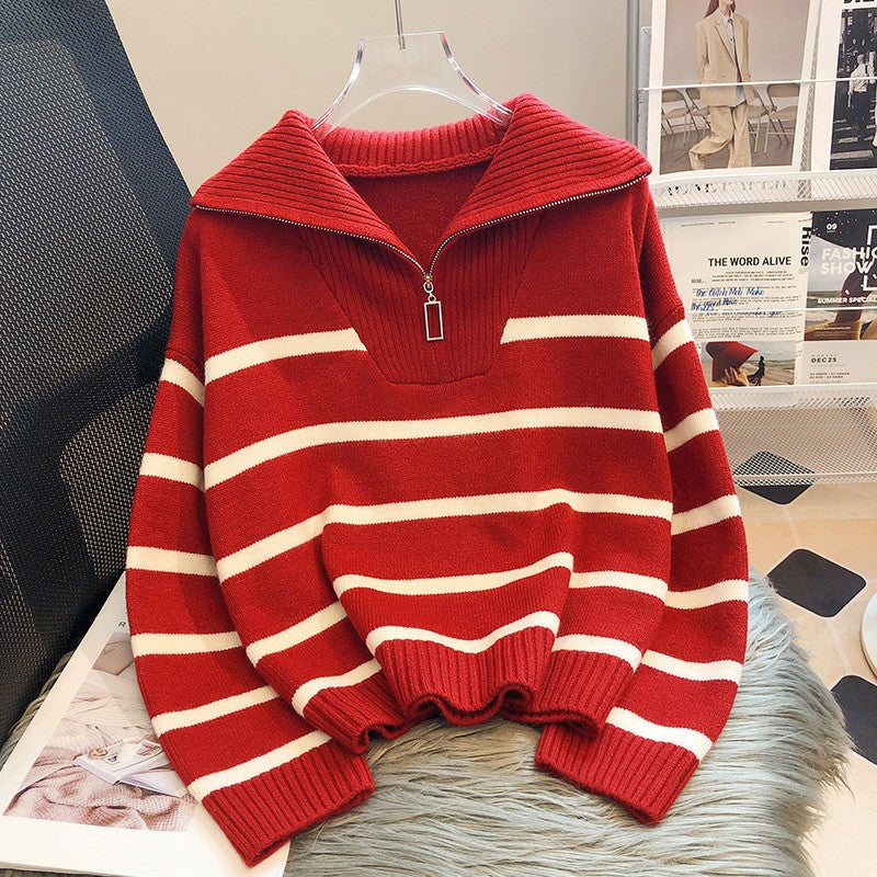 Women's turtleneck sweater with trendy zipper and striped pattern Lune London