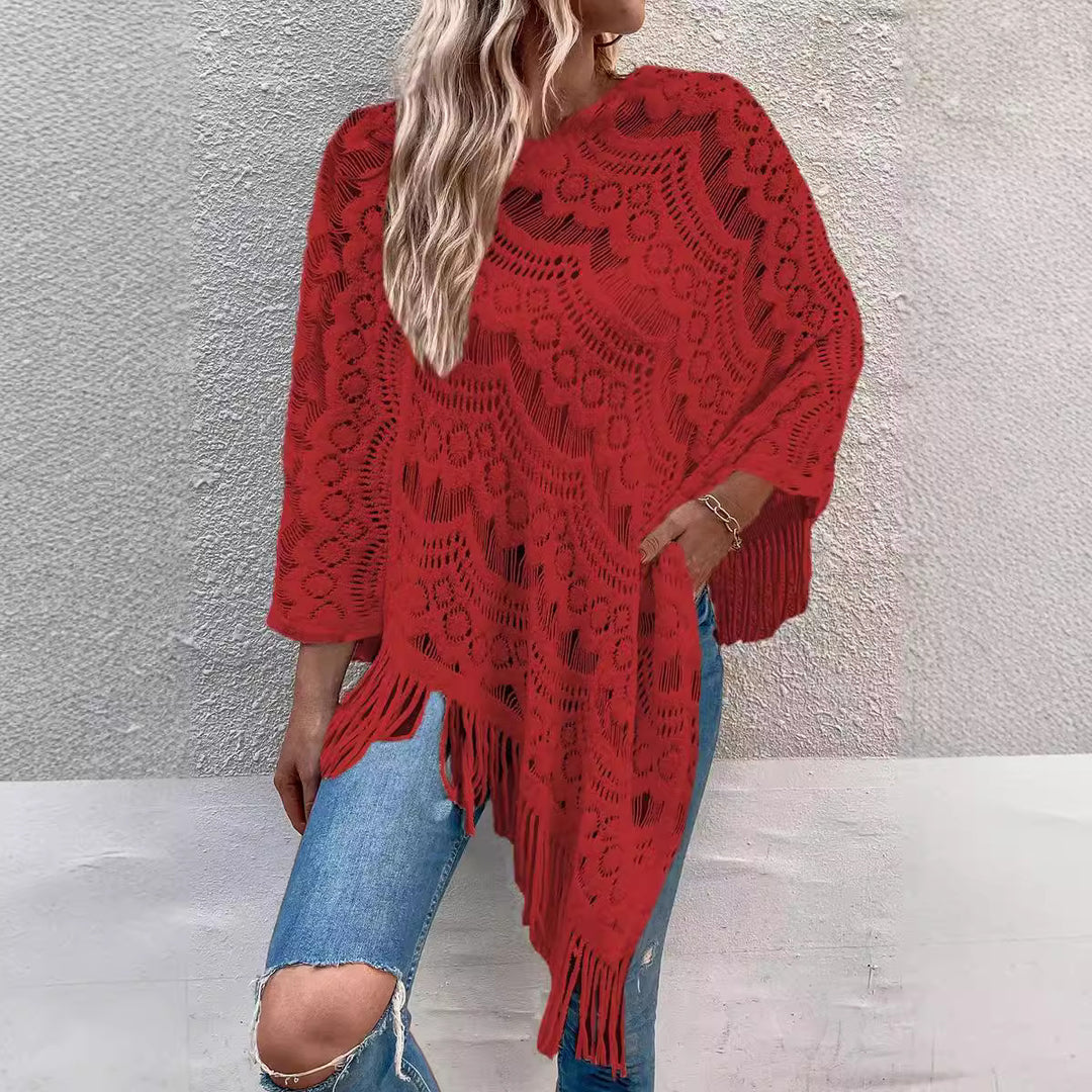 Ladies Elegant Crochet Poncho with Chic Fringes and Style