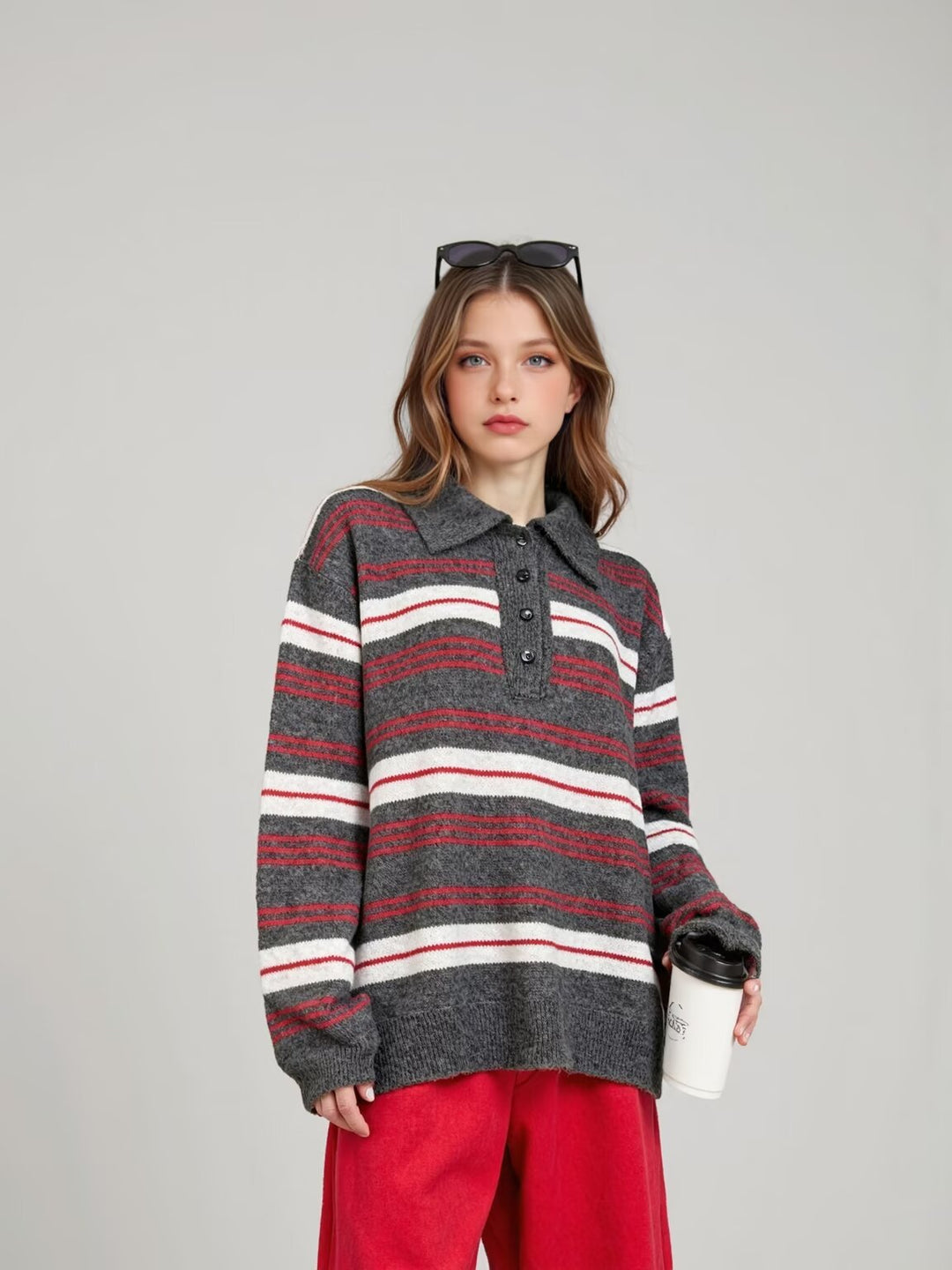 Elegant knitted sweater for women with polo collar and striped pattern Lune London