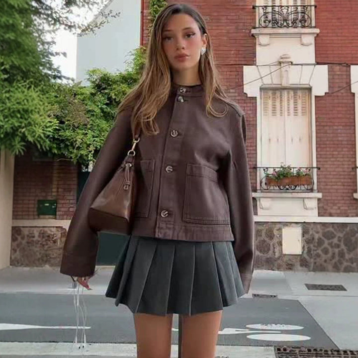 Women's Boxy Denim Jacket with Stand-up Collar, Patch Pockets and Roll-up Cuffs Amarae