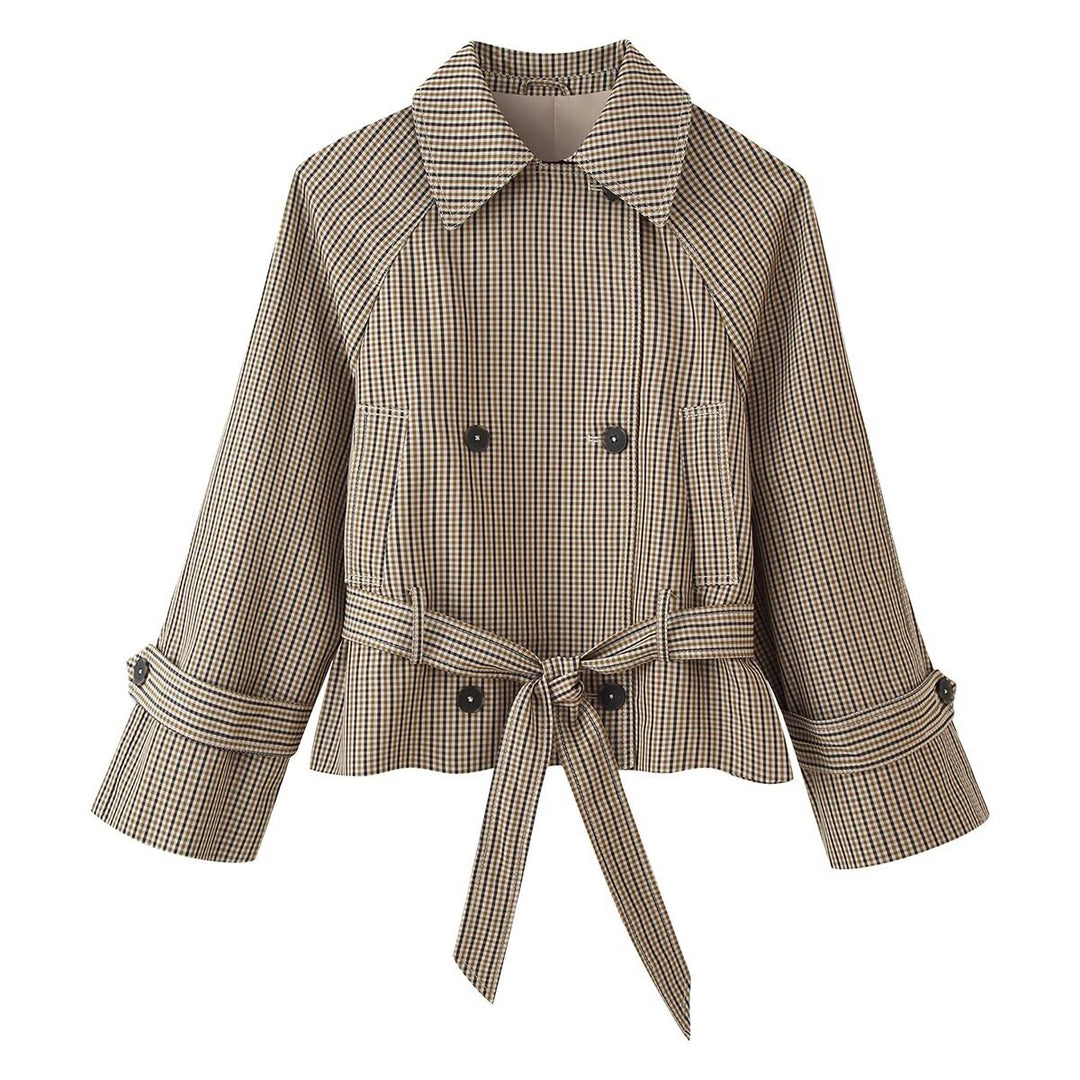 Women Cropped Double-Breasted Check Trench Coat with Waist Tie Belt and Flared Cuffs Amarae