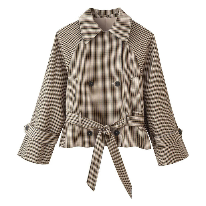 Women Cropped Double-Breasted Check Trench Coat with Waist Tie Belt and Flared Cuffs Amarae