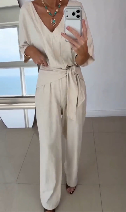 Women Elegant Jumpsuit with Tailored Cut and Wrap Belt Chic & Stil