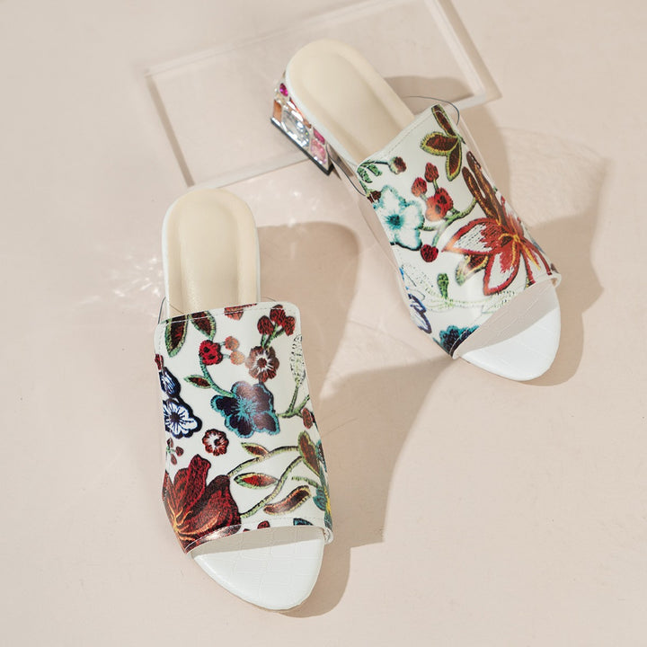 Women Strappy Mules with Floral Design and Comfortable Block Heel Lune London