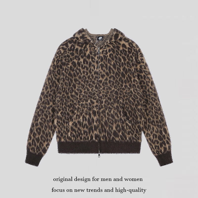 Women's Cozy Cardigan with Zipper and Leopard Jacquard Amarae