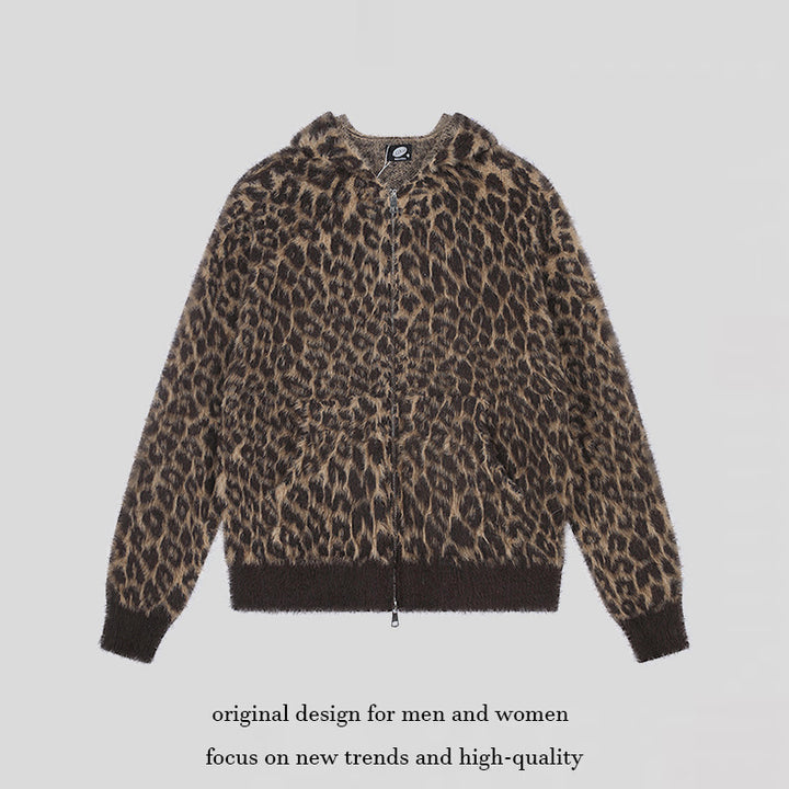 Women's Cozy Cardigan with Zipper and Leopard Jacquard Amarae