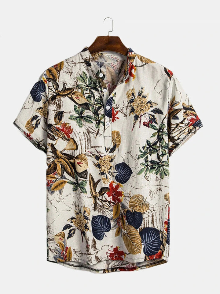 Men's short sleeve Henley shirt with floral design and high-quality cotton material Lune London